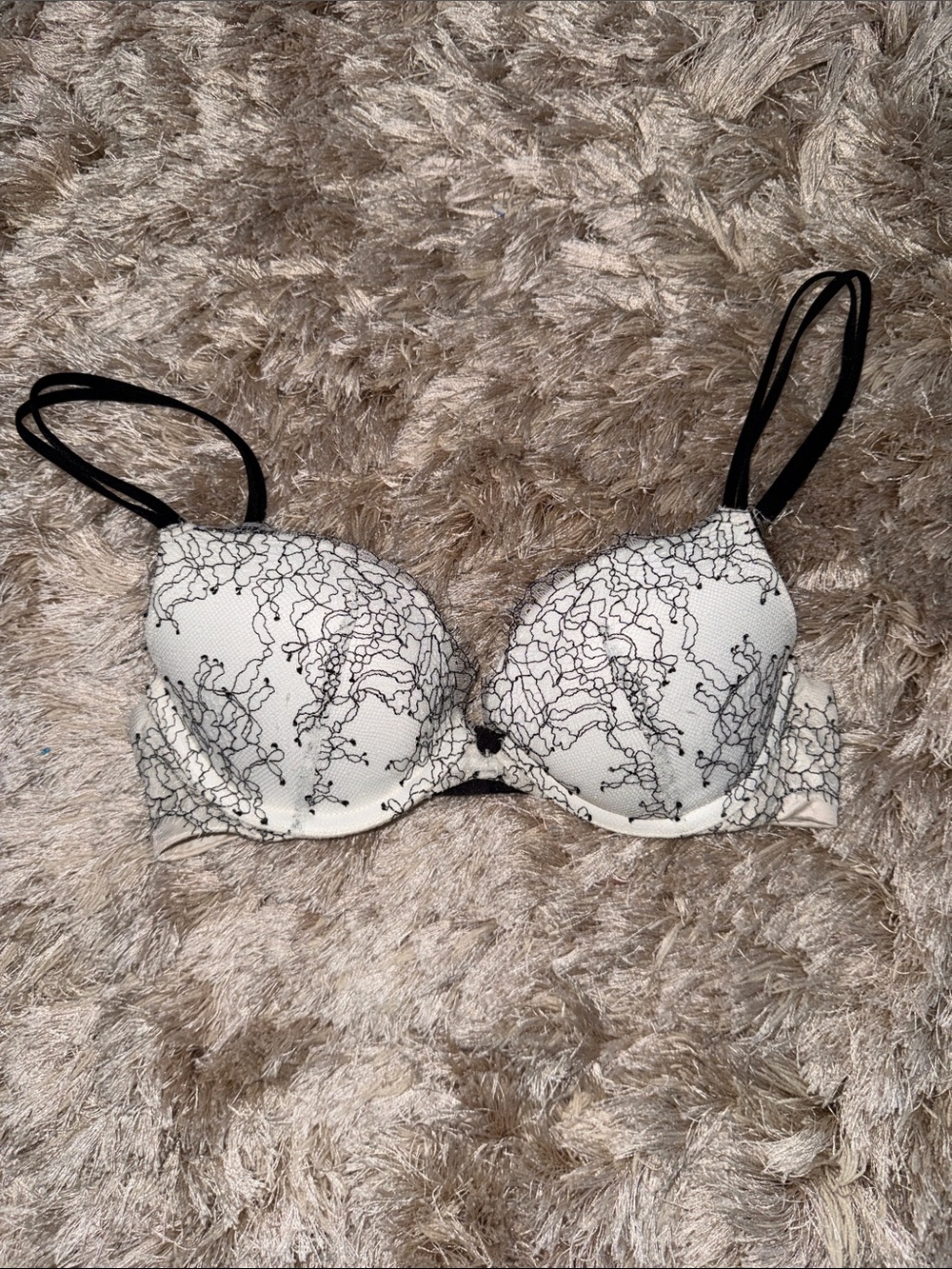 Victoria's Secret White Bra with Black Floral Lace Pattern